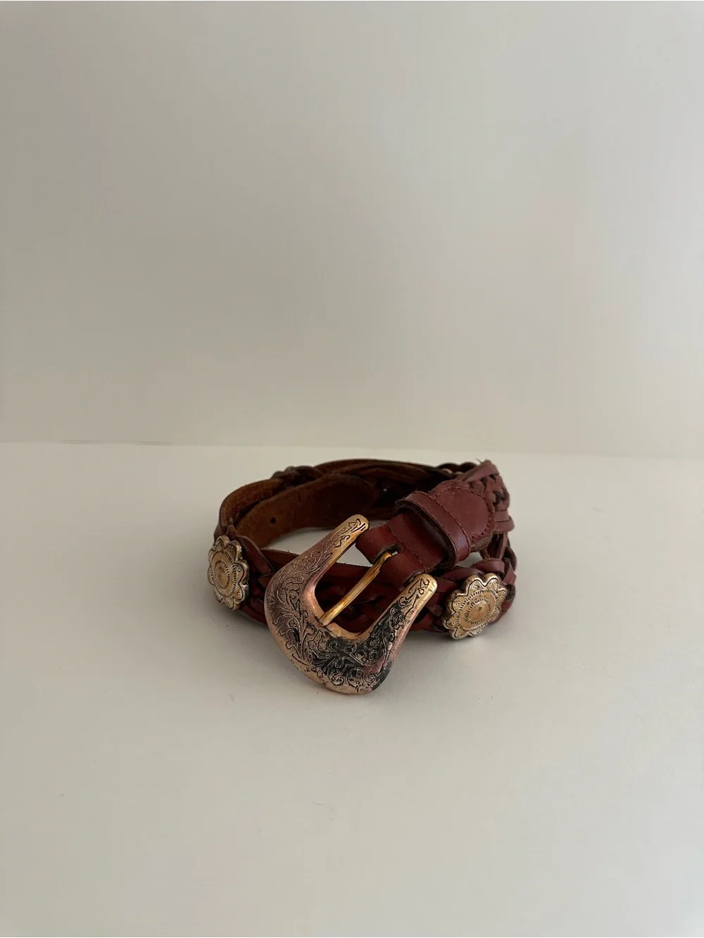 Fossil vintage brown leather braided western style silver accent belt